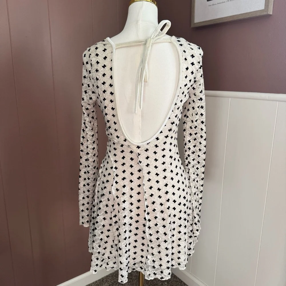 Free People Cream Long Sleeve Mini Dress with Black Dot Print